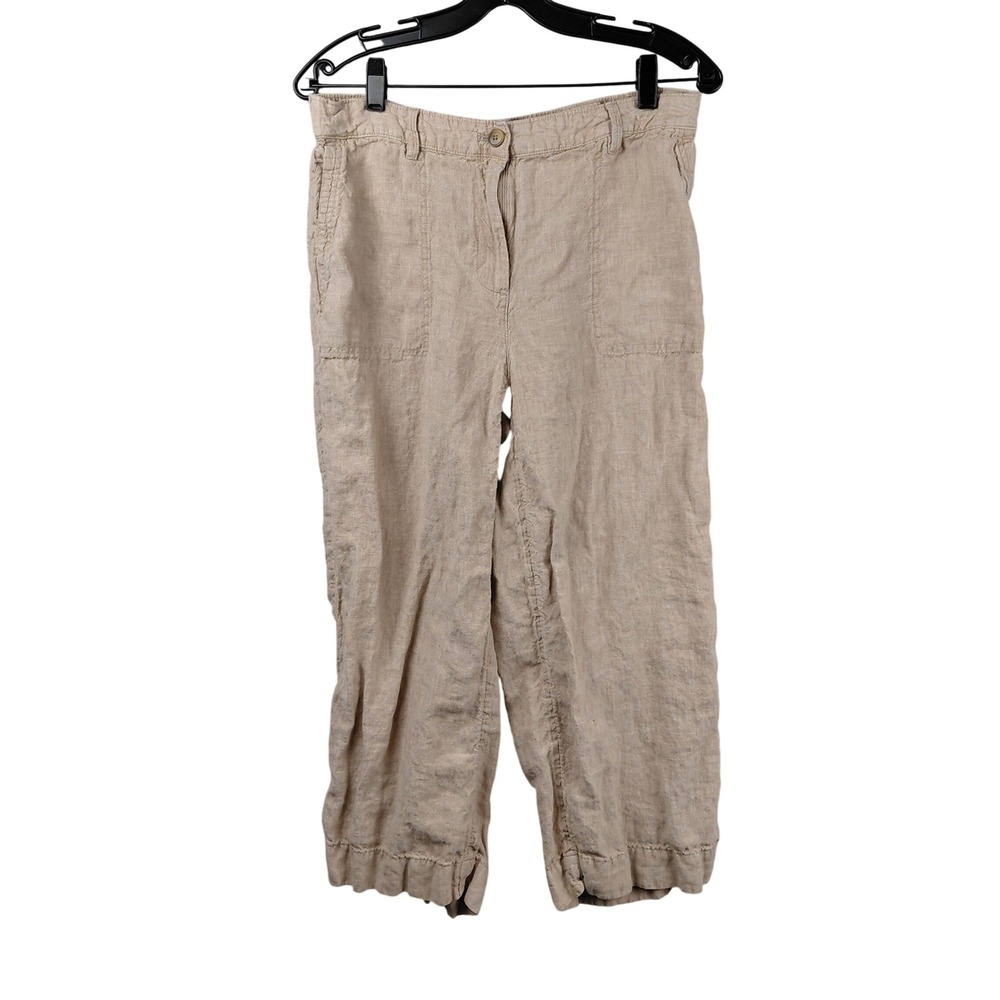 J. Jill‎ Love Linen Tan Beige Wide Leg Cropped Pants Womens Medium Elastic Back
